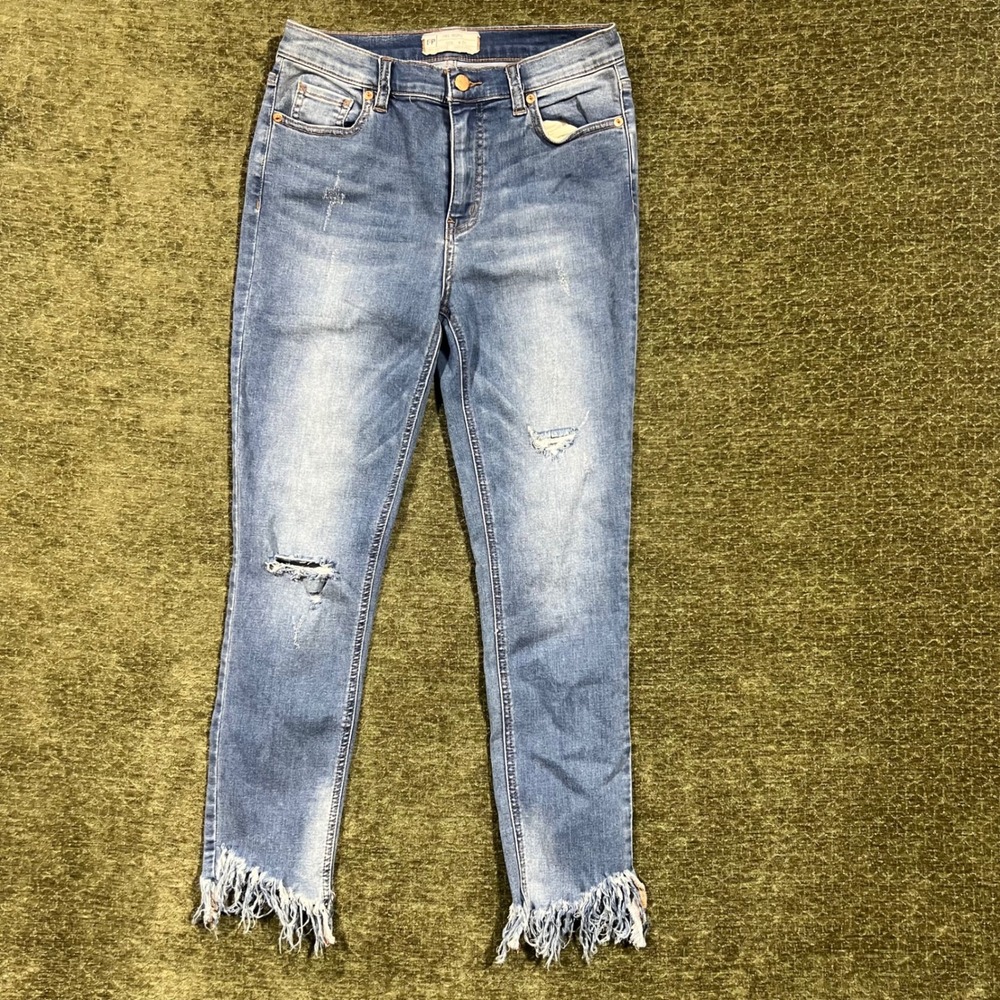 Free People Skinny Jeans Womens 28 Blue Distressed Frayed Fringe Hem Mid Rise